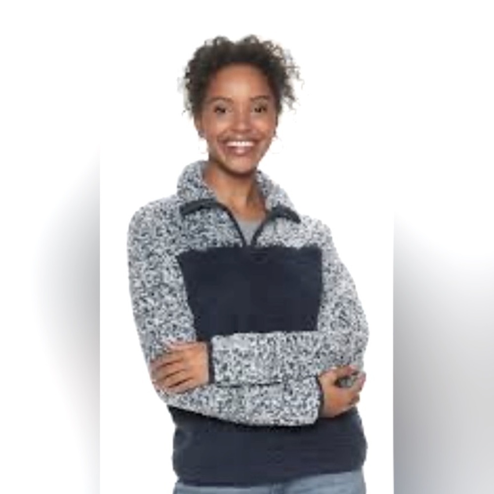 Sonoma Women's Teddy Jacket black white euc medium Sherpa soft warm quarter zip‌